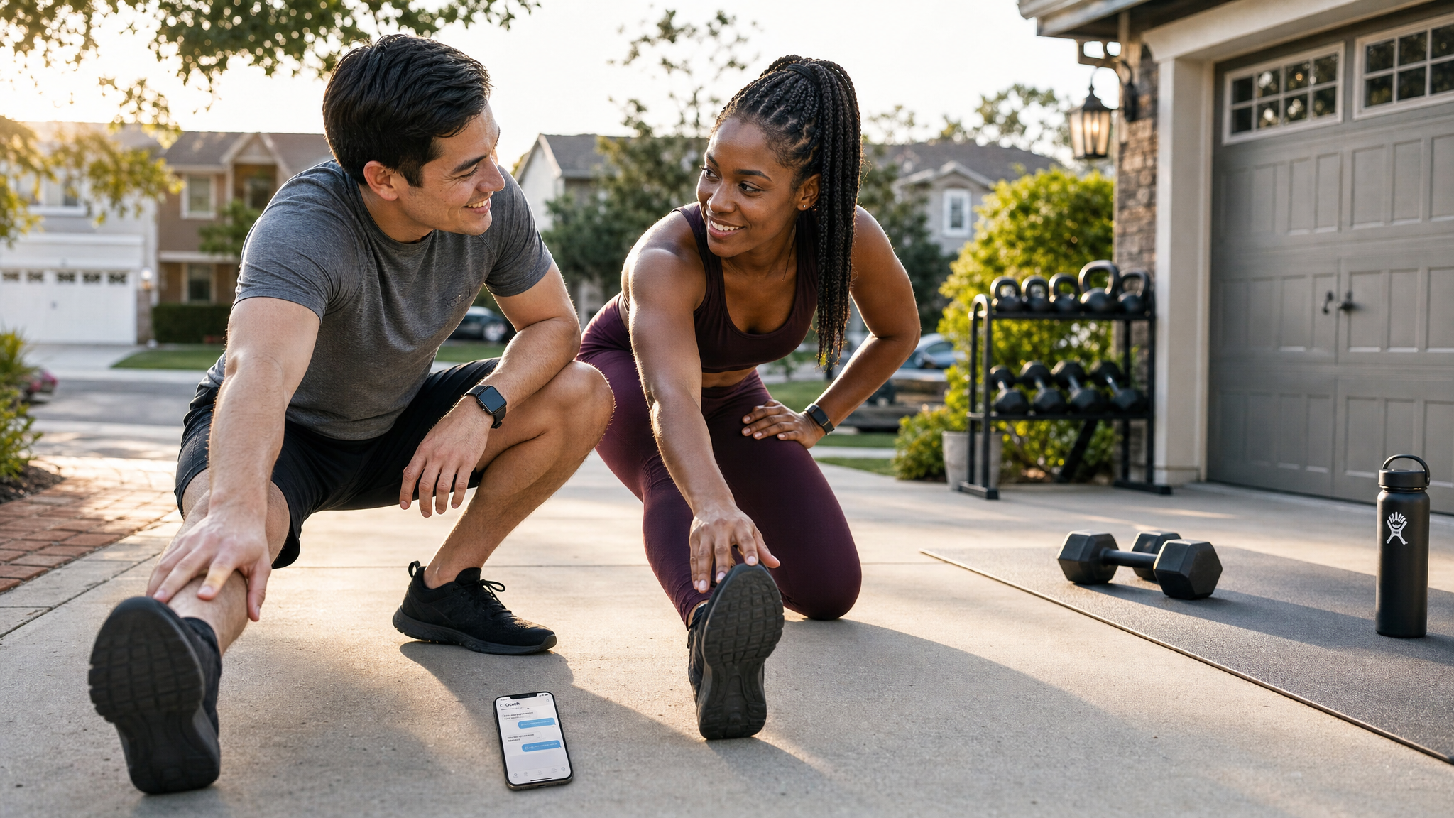 Couple stretching together on driveway