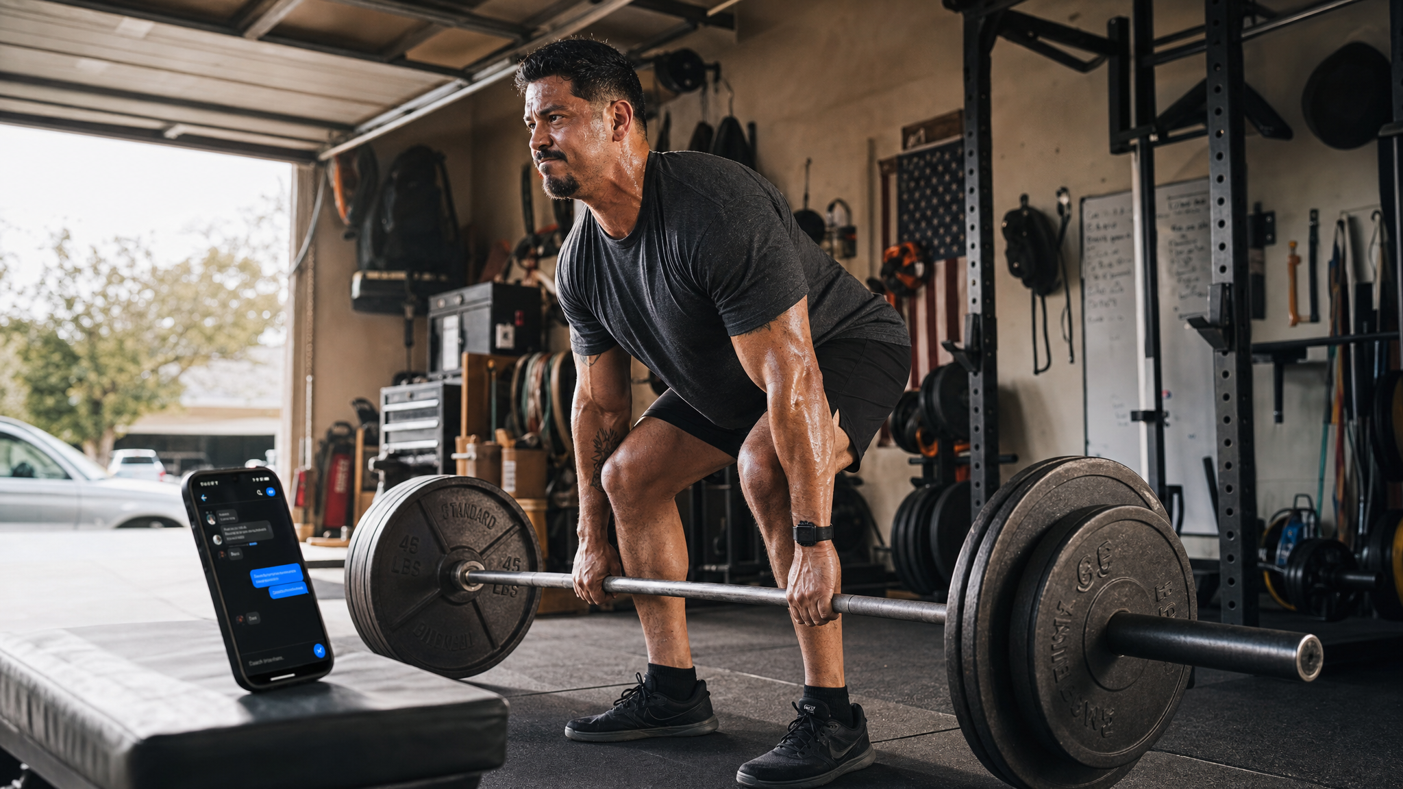Man deadlifting with phone nearby