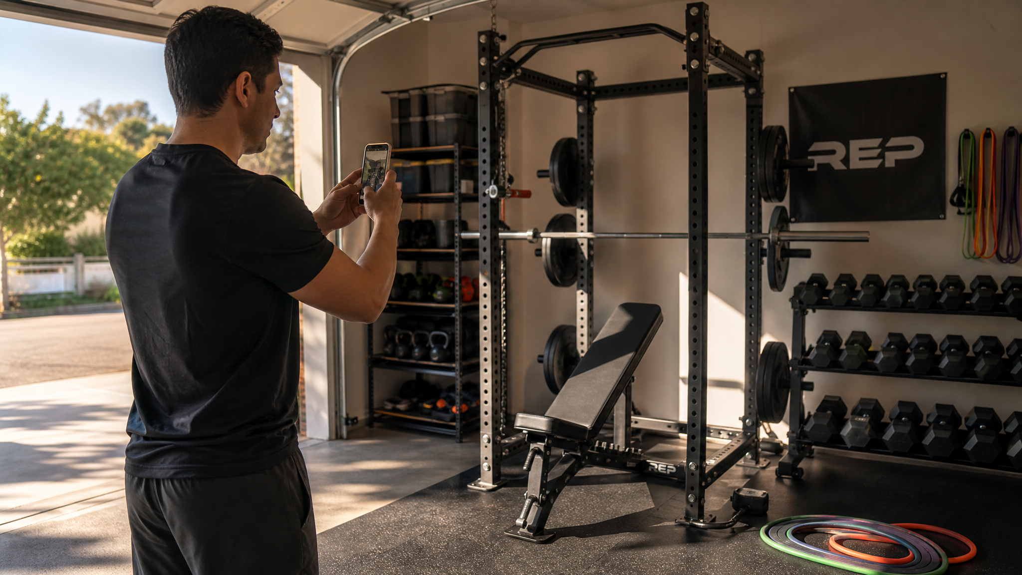 Man photographing home gym equipment during Chiron onboarding