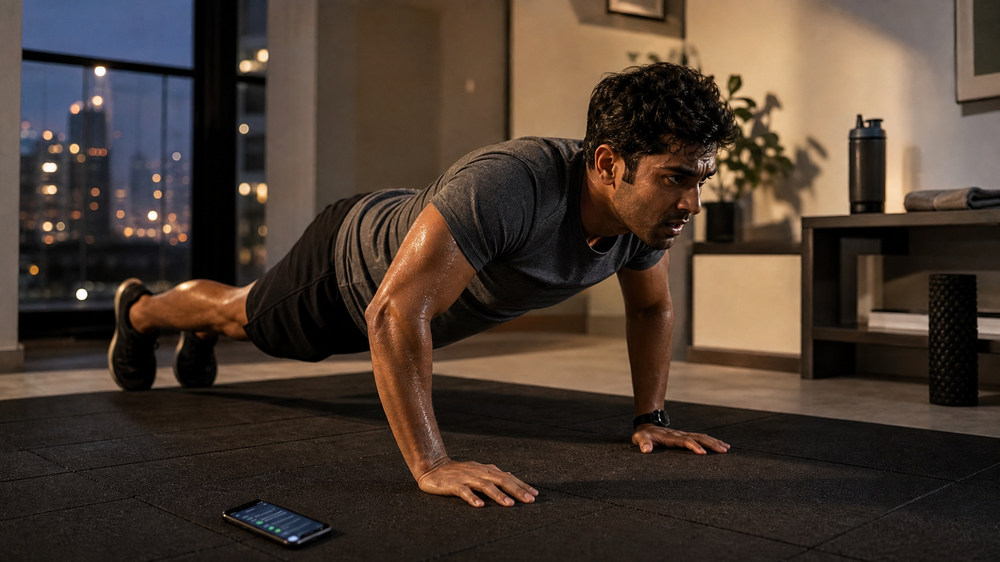 Man doing push-ups in city apartment at night