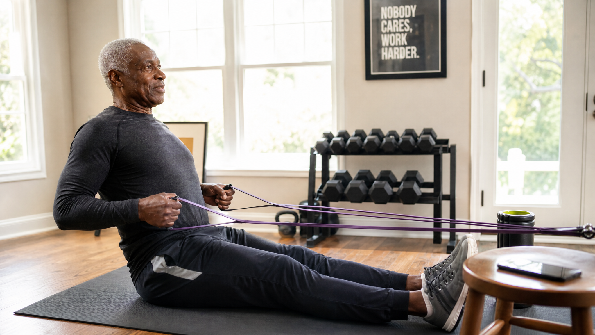 Older man doing resistance band rows at home