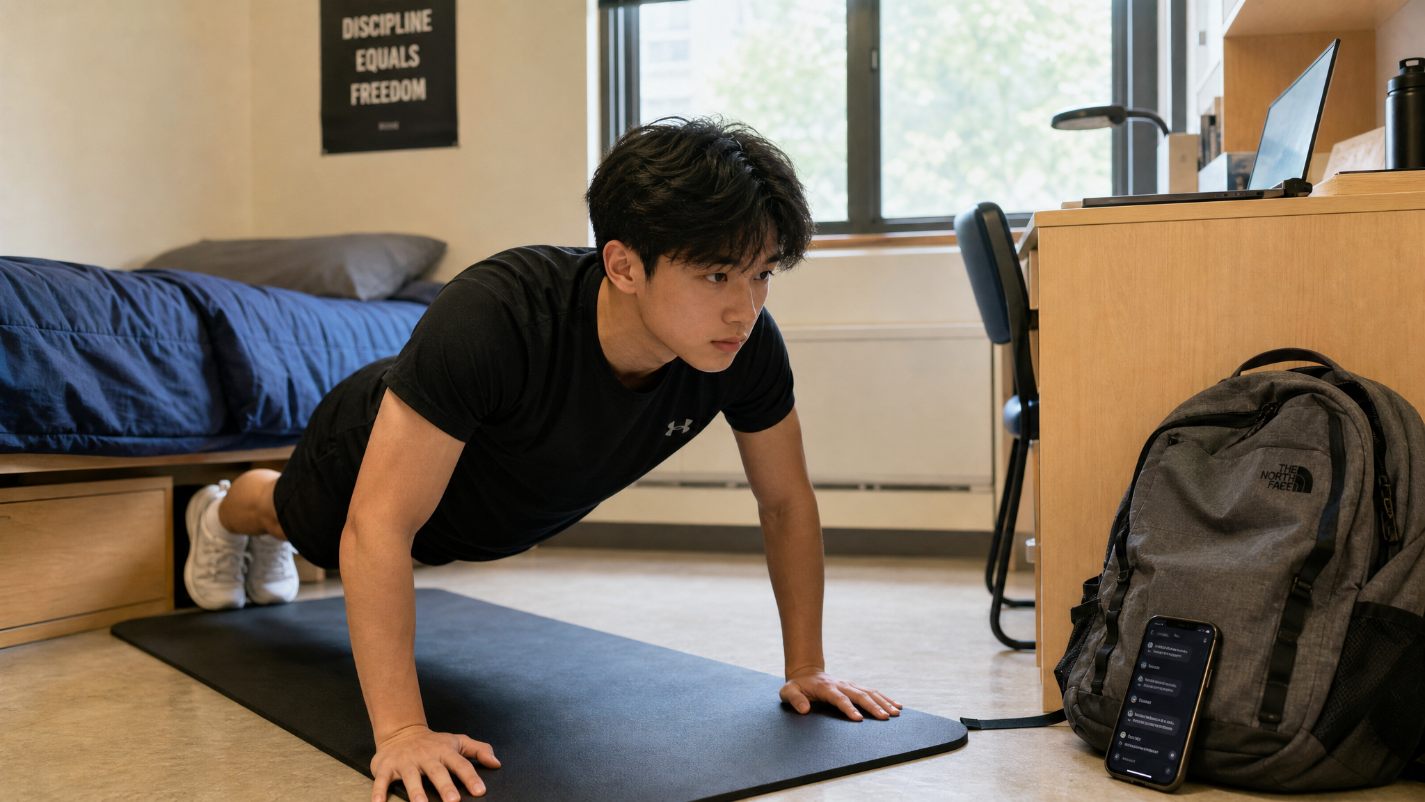 Young man doing push-ups in dorm room