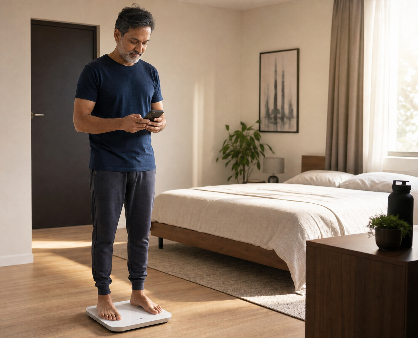 Man weighing himself and logging body composition with Chiron
