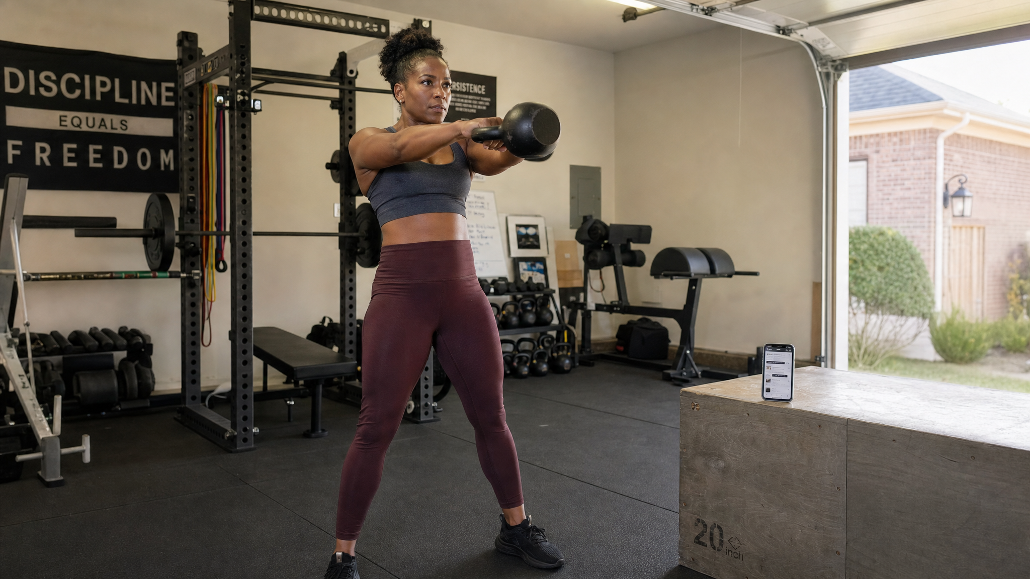 Woman performing kettlebell swing in garage gym