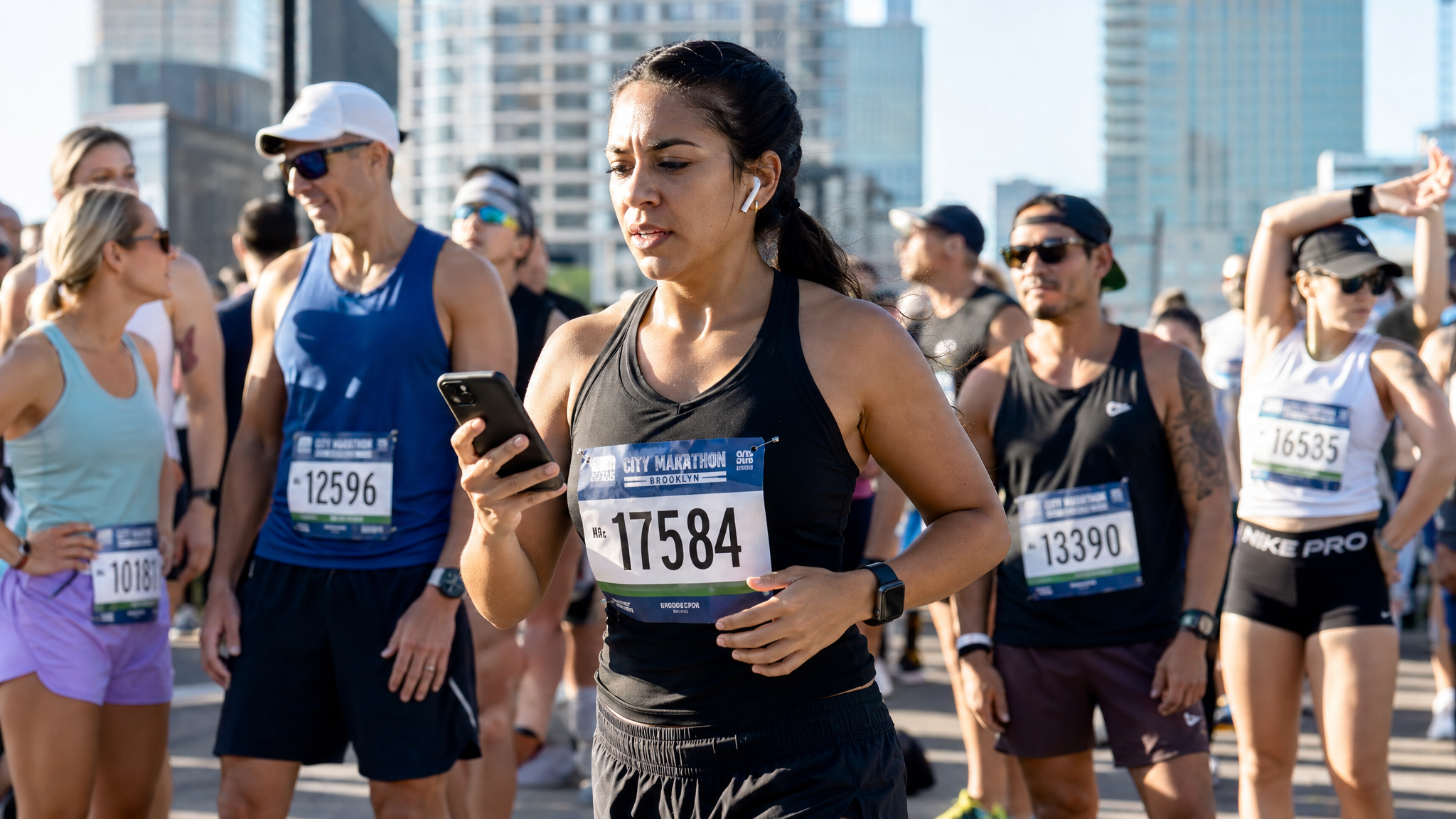 Woman at marathon start line checking phone