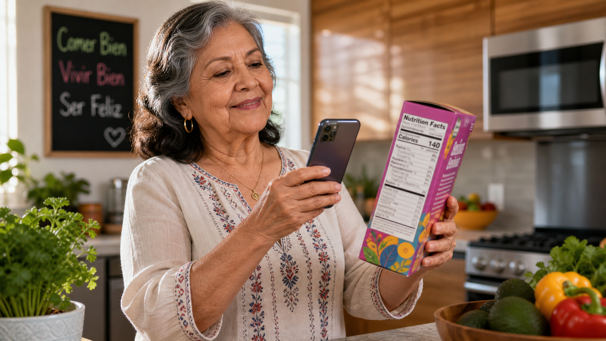 Woman scanning food package nutrition facts