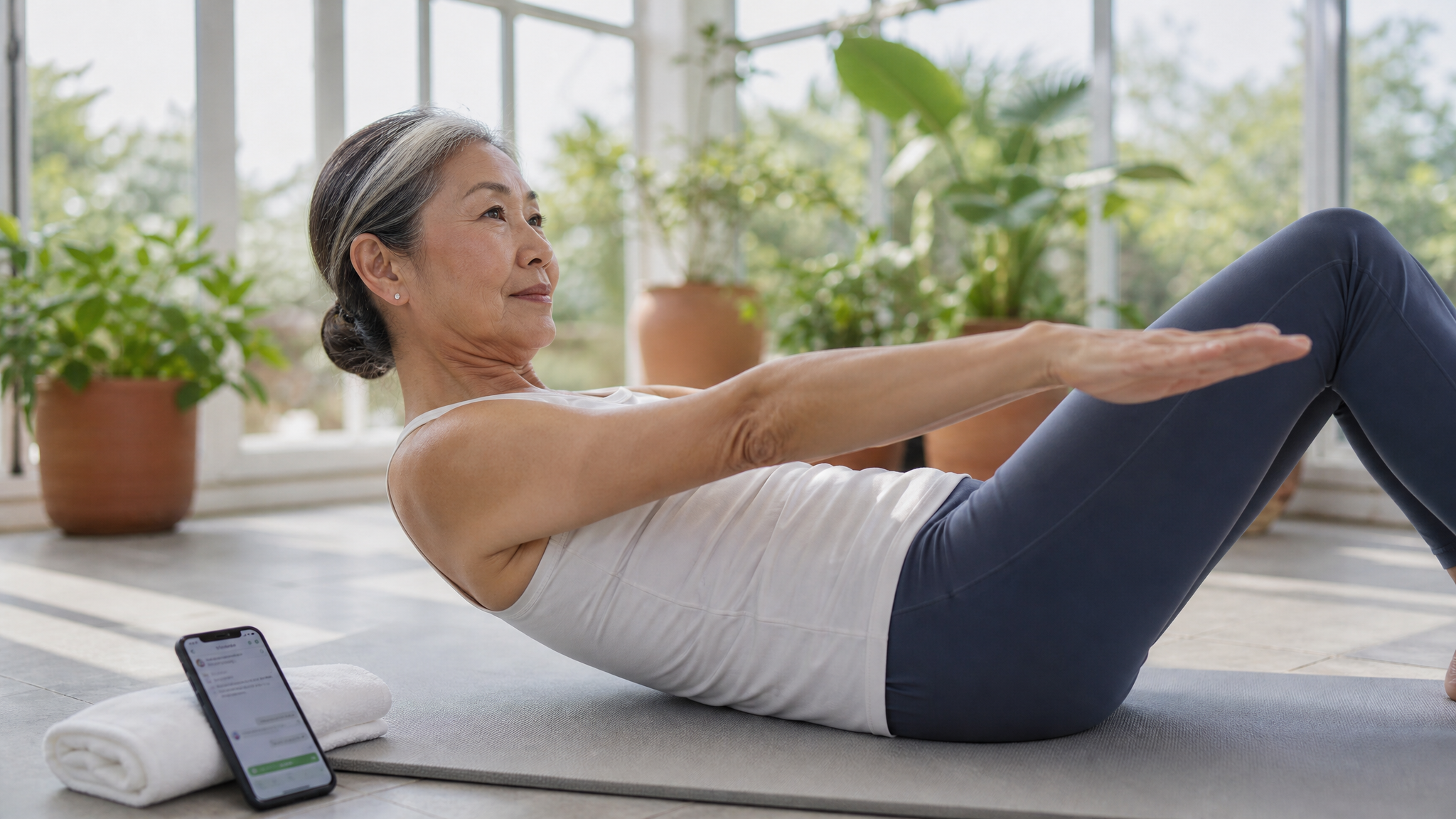 Woman doing pilates in sunlit room