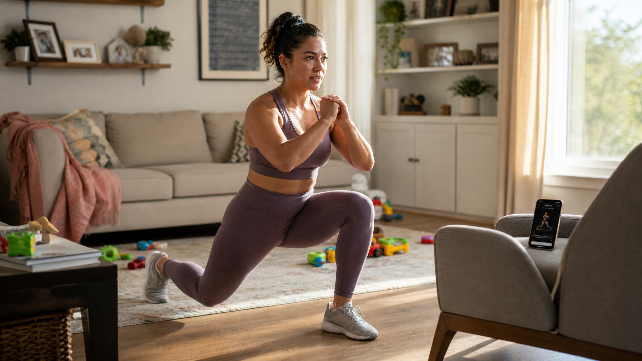 Woman doing lunges in living room