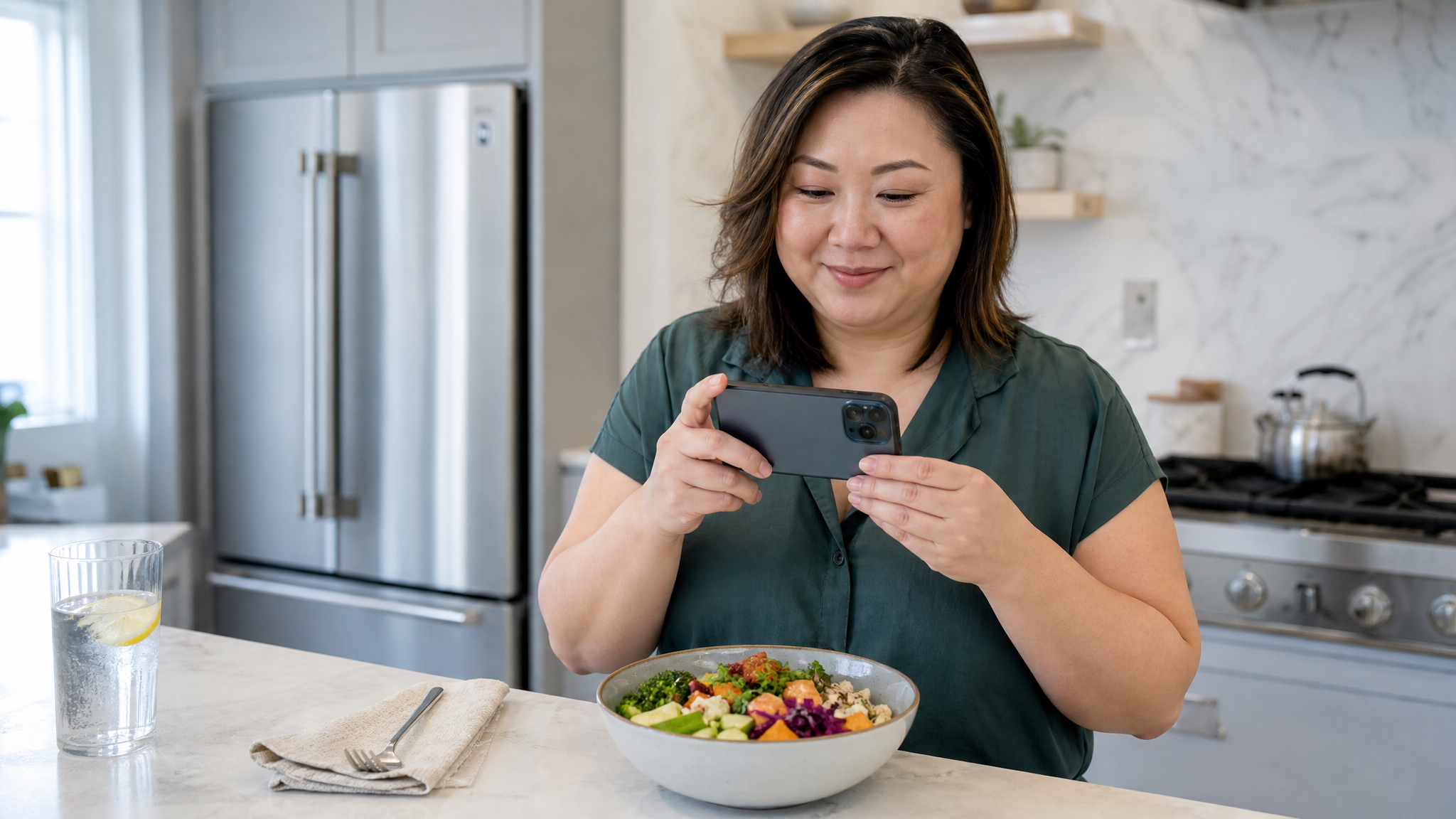 Woman photographing meal for nutrition log