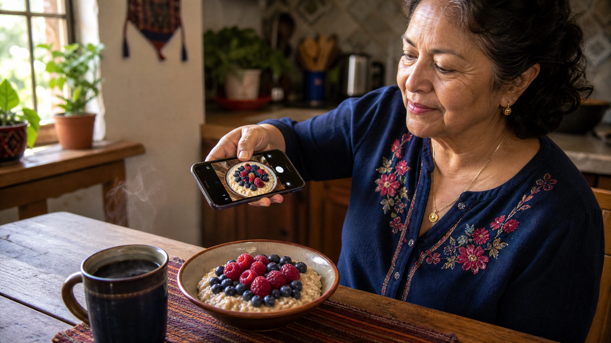 Woman photographing breakfast bowl