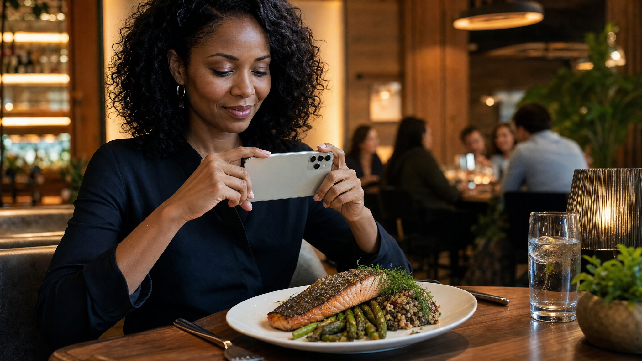Woman photographing restaurant meal